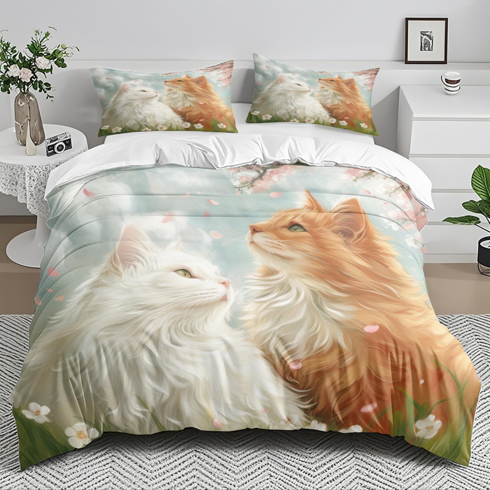 Housse de couette 220x240 imprimé chat animal avec 2 taies d'oreiller