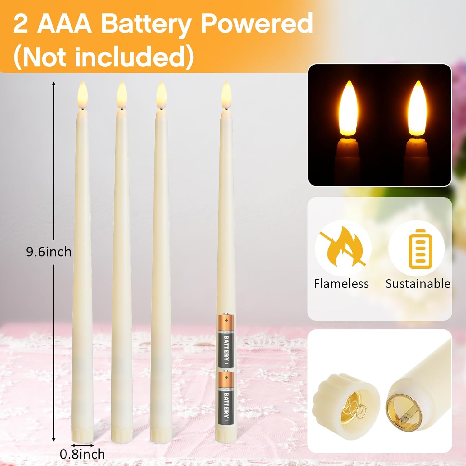 Baquler 12 Pcs Flameless Ivory Taper Candles Bulk Flickering LED Candles Taper Warm White Light LED Candlesticks for Christmas Wedding Home Decoration No Remote Control, 9.6 Inch - Image 2