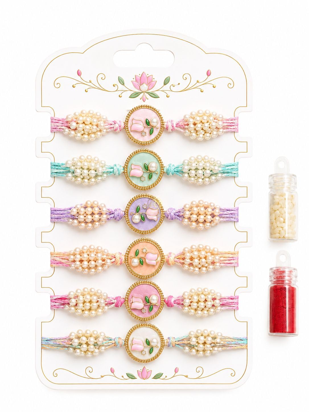 Pack Of 6 Minimal Elegance Floral Designer Handmade Resin Rakhi Set For Brother Bhai Sister In Law Bhaiya Bhabhi Kids | Premium Chic Soft-tone Pearl Beaded Luxe Candy Soft Bloom Pastel Flower Rakhi Bracelet Raksha Bandhan Combo Gift-image-22