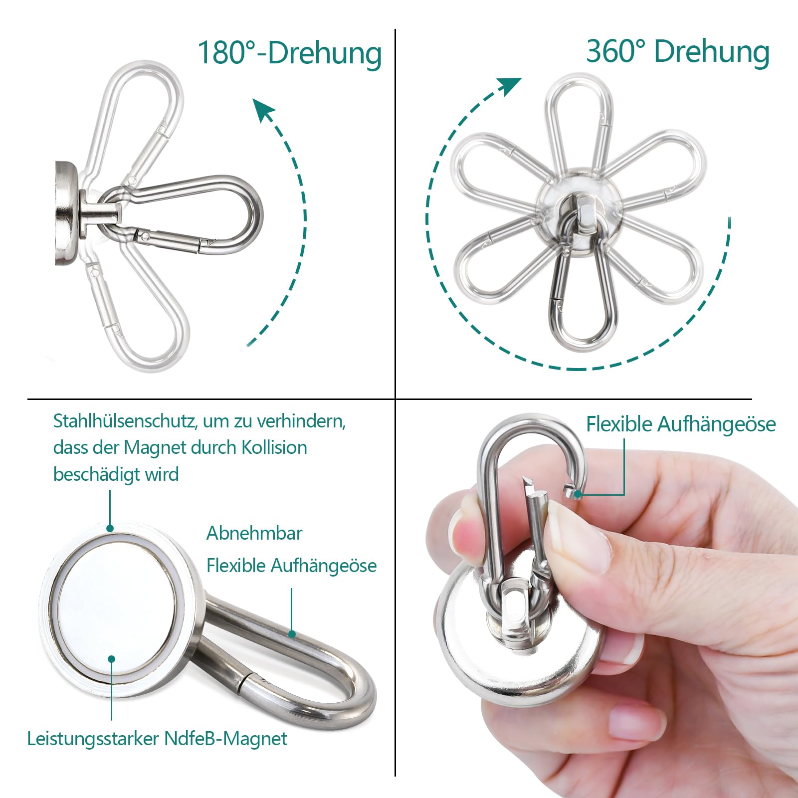 FPMYB 2 sztuki haków magnetycznych, ekstra mocne, 42 mm, magnesy neodymowe z karabińczykiem, 50 kg, obracane o 360°, magnesy do kuchni, na kemping, do garażu, biura, na lodówkę