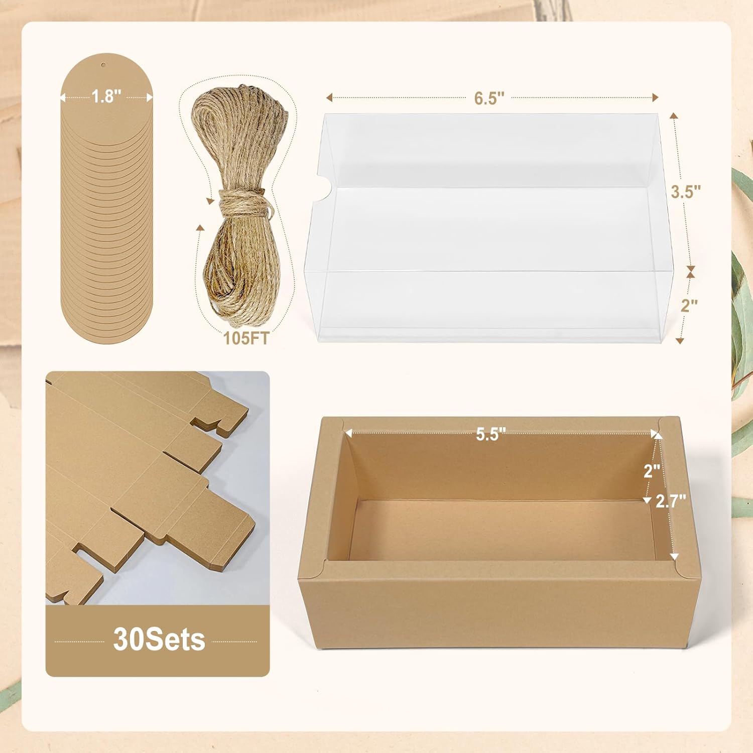 biguphate 30 Kraft Paper Cardboard Boxes Kits, Internal Dimensions 5.5x2.7x2 IN Homemade Soap Box with Blank Tags and Jute String, Small Gift Boxes for Jewelry, Candy, Wrapping Party Favor