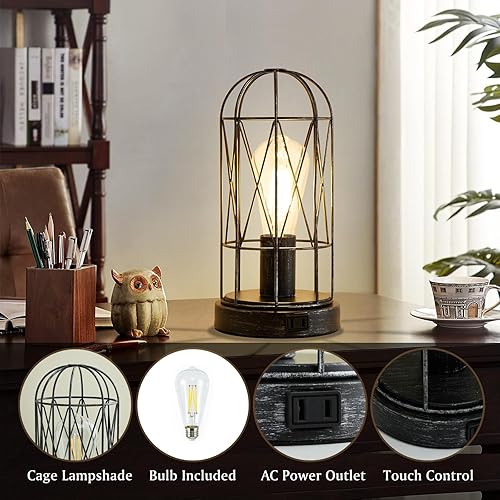 Miniatura 5 de Juego de 2 lámparas de mesa pequeñas táctiles, lámpara de noche industrial regulable de 3 vías con salida de CA, lámpara de mesita de noche rústica