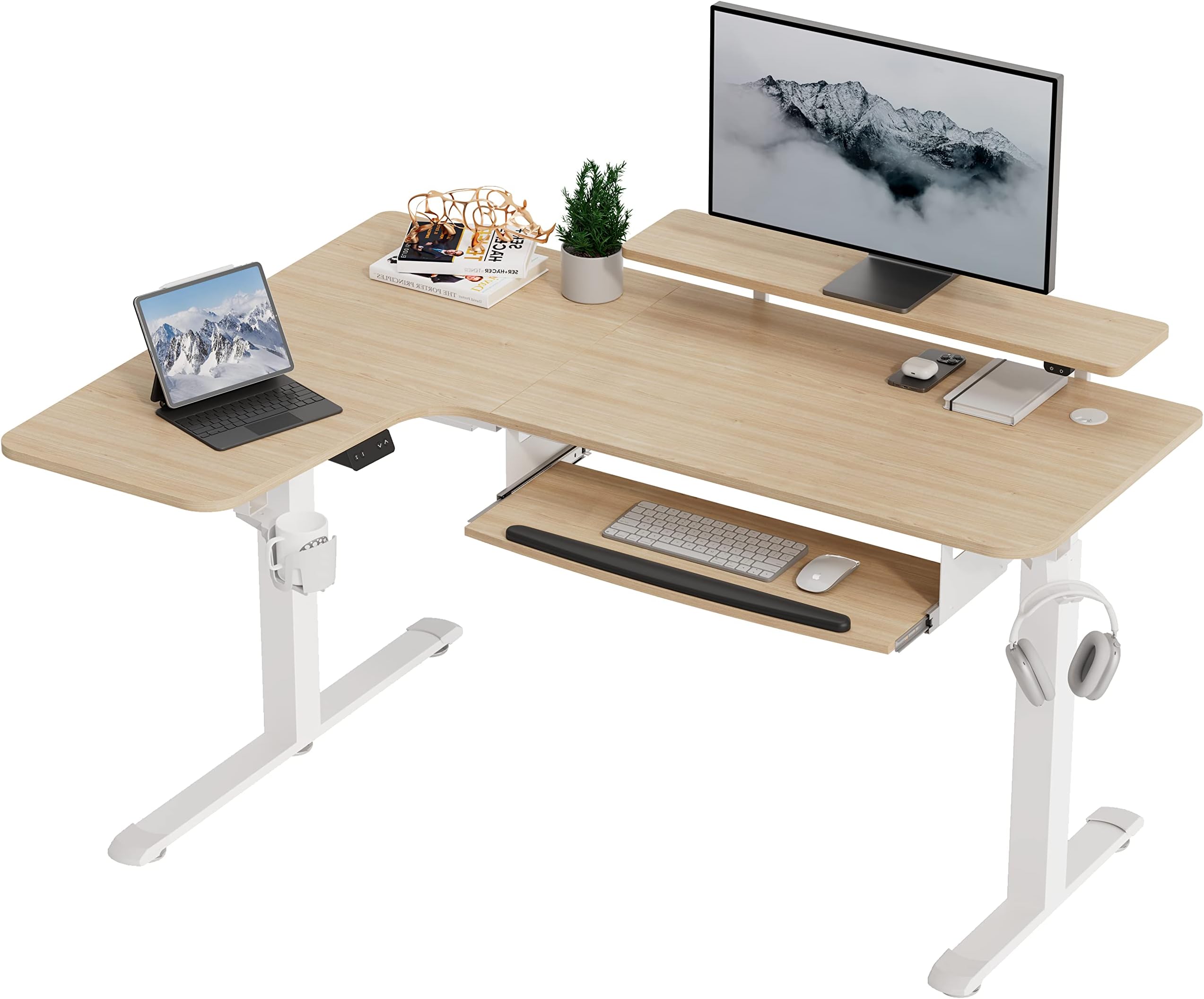 EUREKA ERGONOMIC Standing Desk Adjustable Height 61" Electric Sit Stand Computer Desk L Shaped with Keyboard Tray,Monitor Stand &LED, Dual Motor Memory Presets Sit to Desk Adjustable Desk, Left/Maple