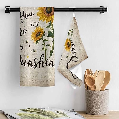 Miniatura 3 de Toallas de cocina rústicas de girasol, papel de periódico retro marrón rústico de microfibra absorbente para platos de cocina, toalla de baño de