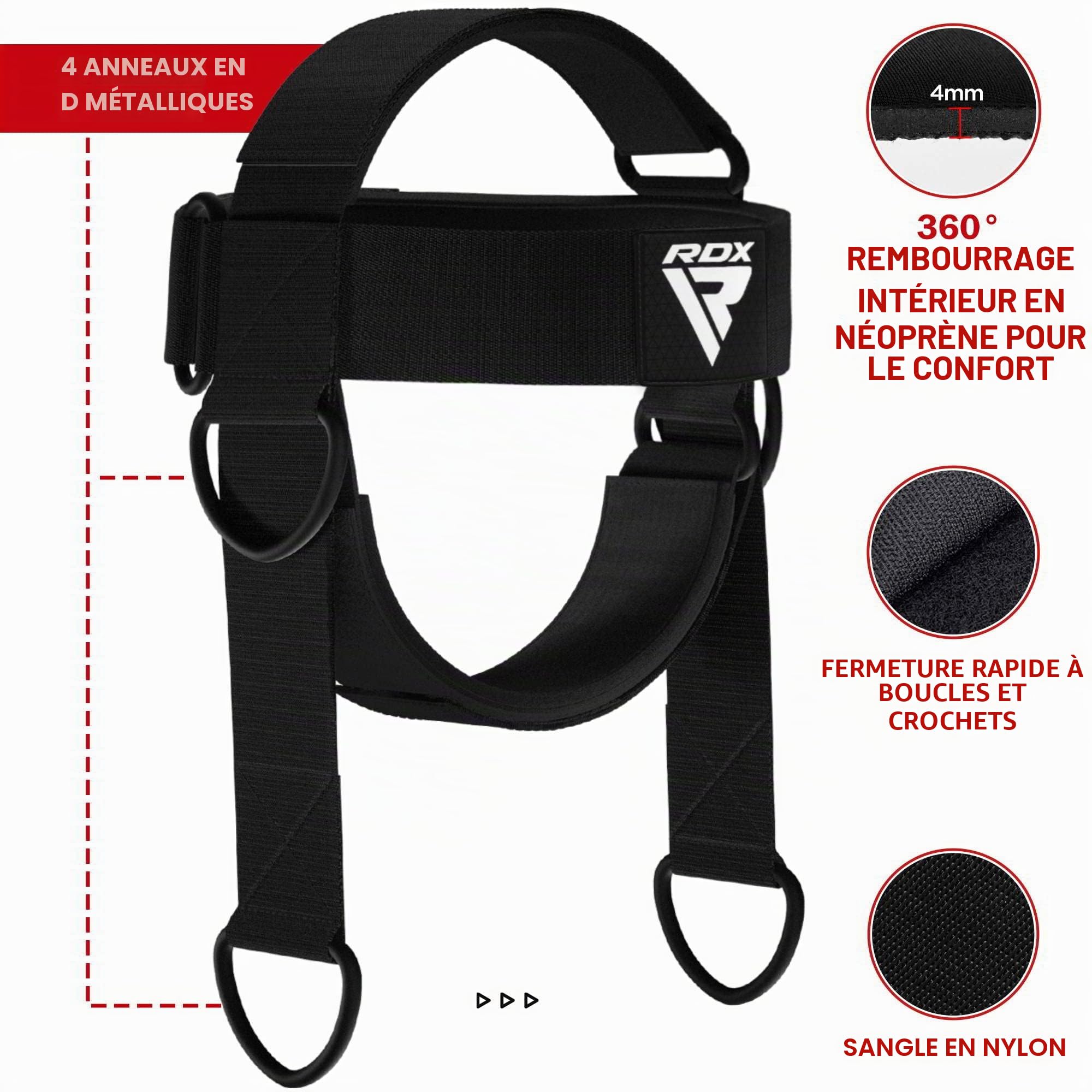 Harnais De Tête D’entraînement – Néoprène Réglable, Avec 4 Anneaux En D, Pour Musculation Du Cou (MMA, Boxe, Football)