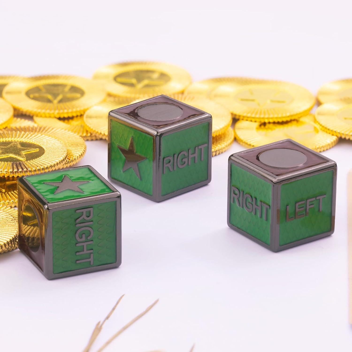 Metal Left and Right D6 Sides Centers Dice Game Set, Including 3 Cool D6 Sides Metal Dice, 24 Gold Chips, Color Bag Packaging,Suitable for Parties and Multiplayer Games(Nickel_Green_Purple)