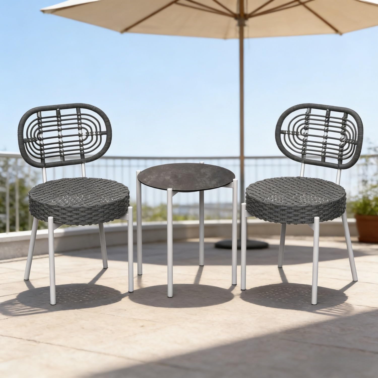Outdoor Table and Chairs，2 Rattan Chairs and A Tempered Glass Table，Table with Chairs for Garden, Backyard，3 Piece(White+Grey)