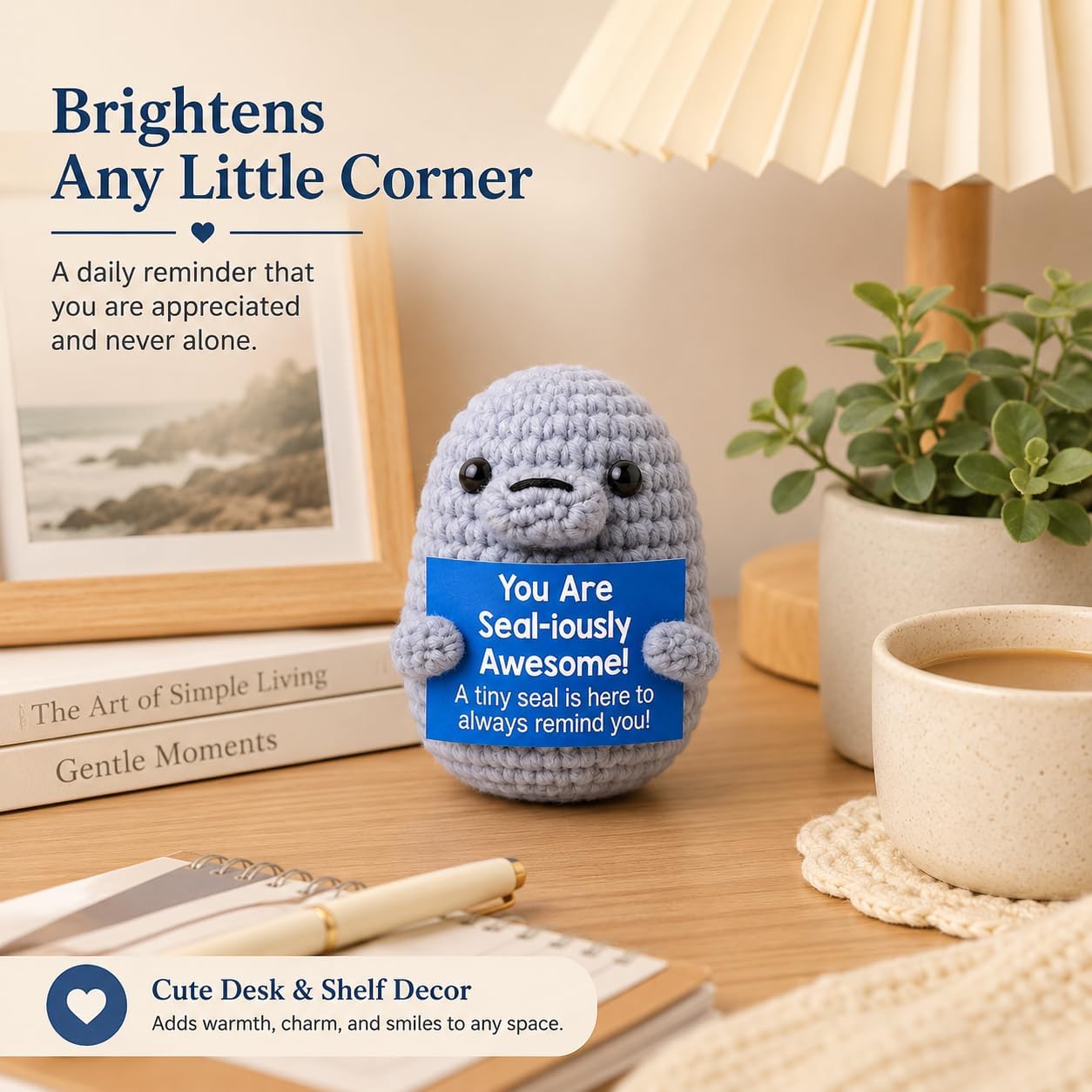 Crochet Seal Positive Gift for Dad from Daughter Son Handmade Emotional Support Crochet Funny Pun Card Desk Decor Fathers Day Birthday Present for Father Men Women Coworker Friend Office Shelf Decor