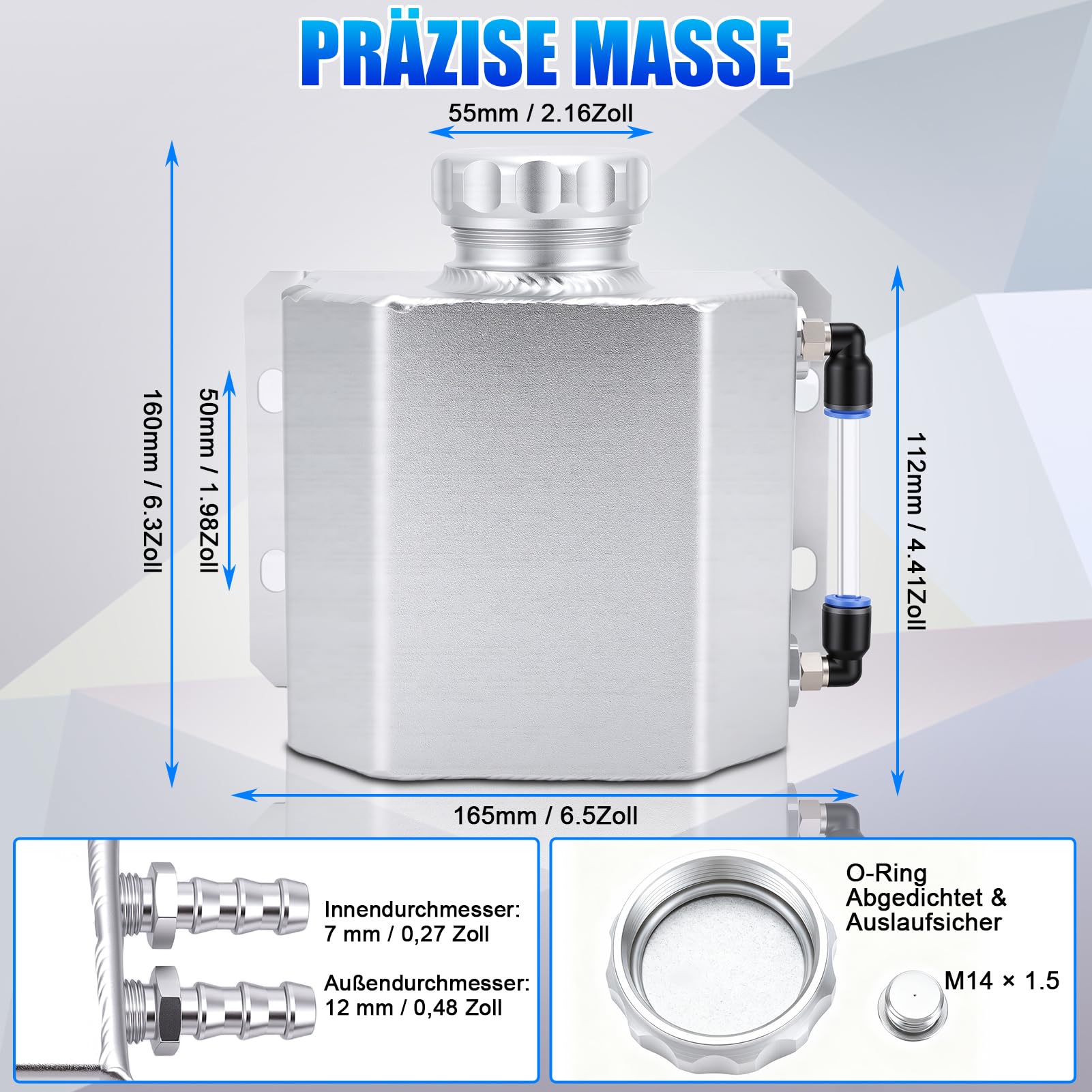 1L Aluminium Ausgleichsbehälter Kühlmittel Überlaufbehälter – Universeller Kühler-Wasserkasten, Mit Magnet-Ablassventil, Sichtschlauch & Hochtemperaturbeständiger, Ideal für Fahrzeugtuning