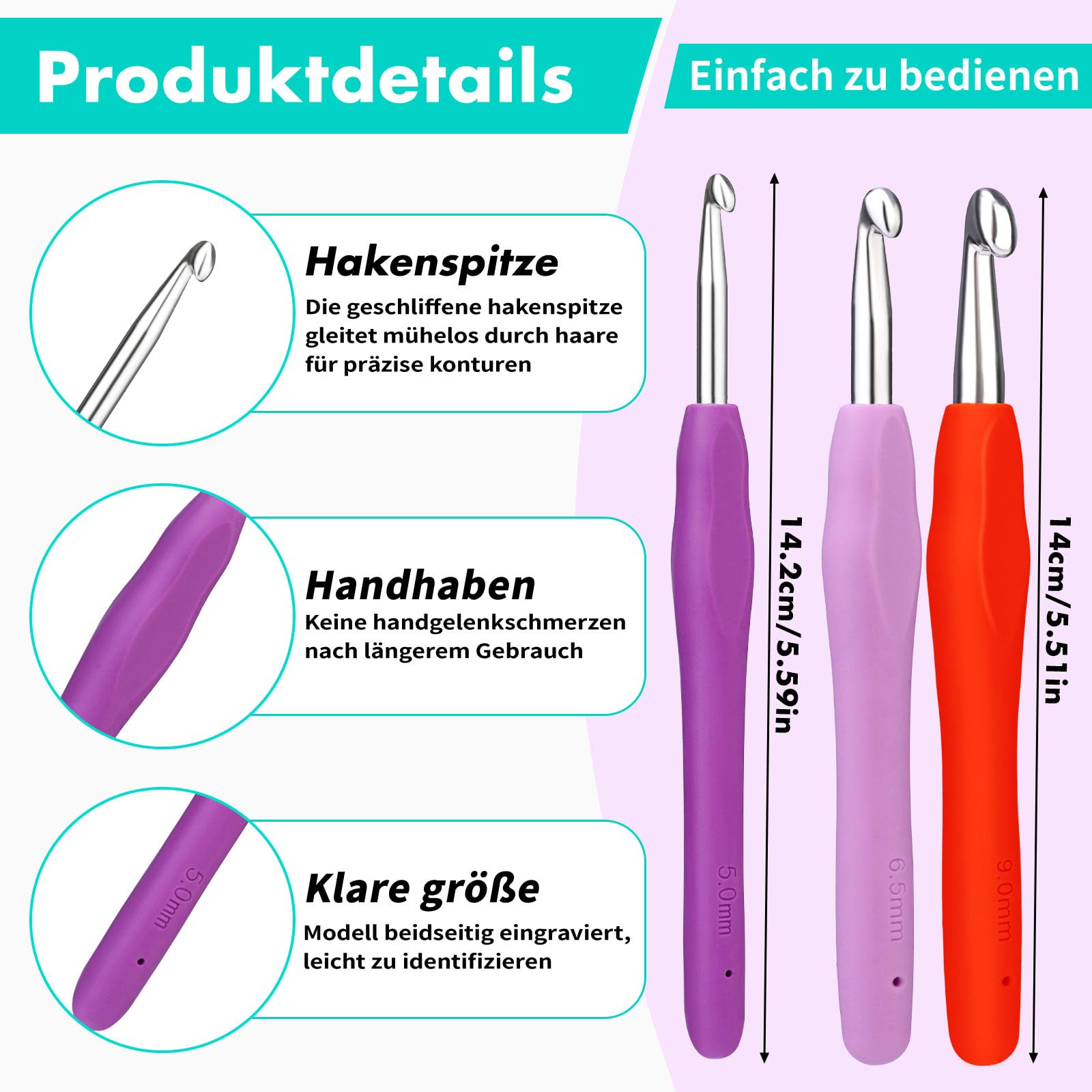 Produktbild von RealPlus Häkelnadel-Set, 45-teiliges Häkelset, Volle Größe (2–8 ), Häkelsets Für Anfänger Und