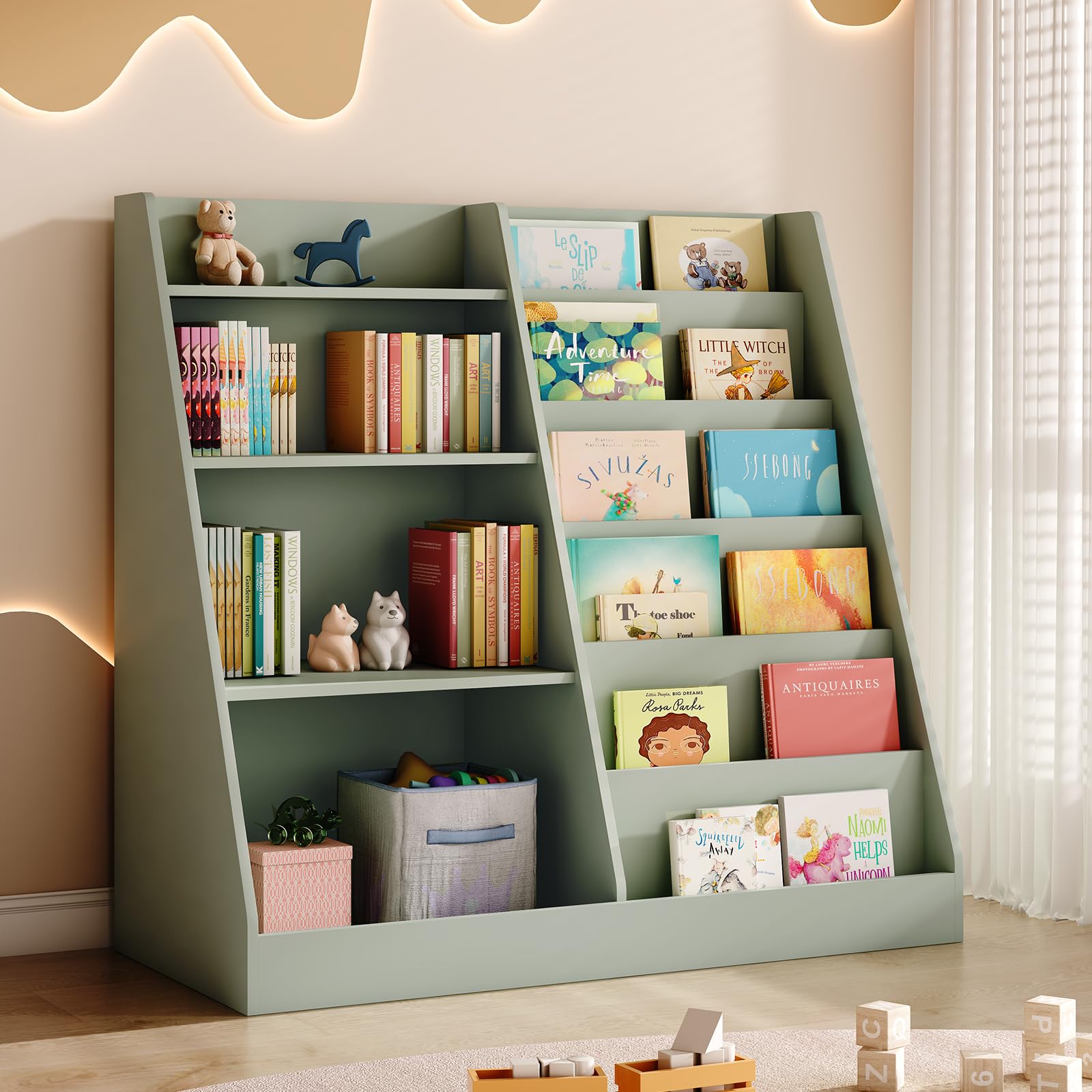 Tatub Upgraded 6 Tier Kids Wooden Bookshelf and Toy Storage, Sage Green