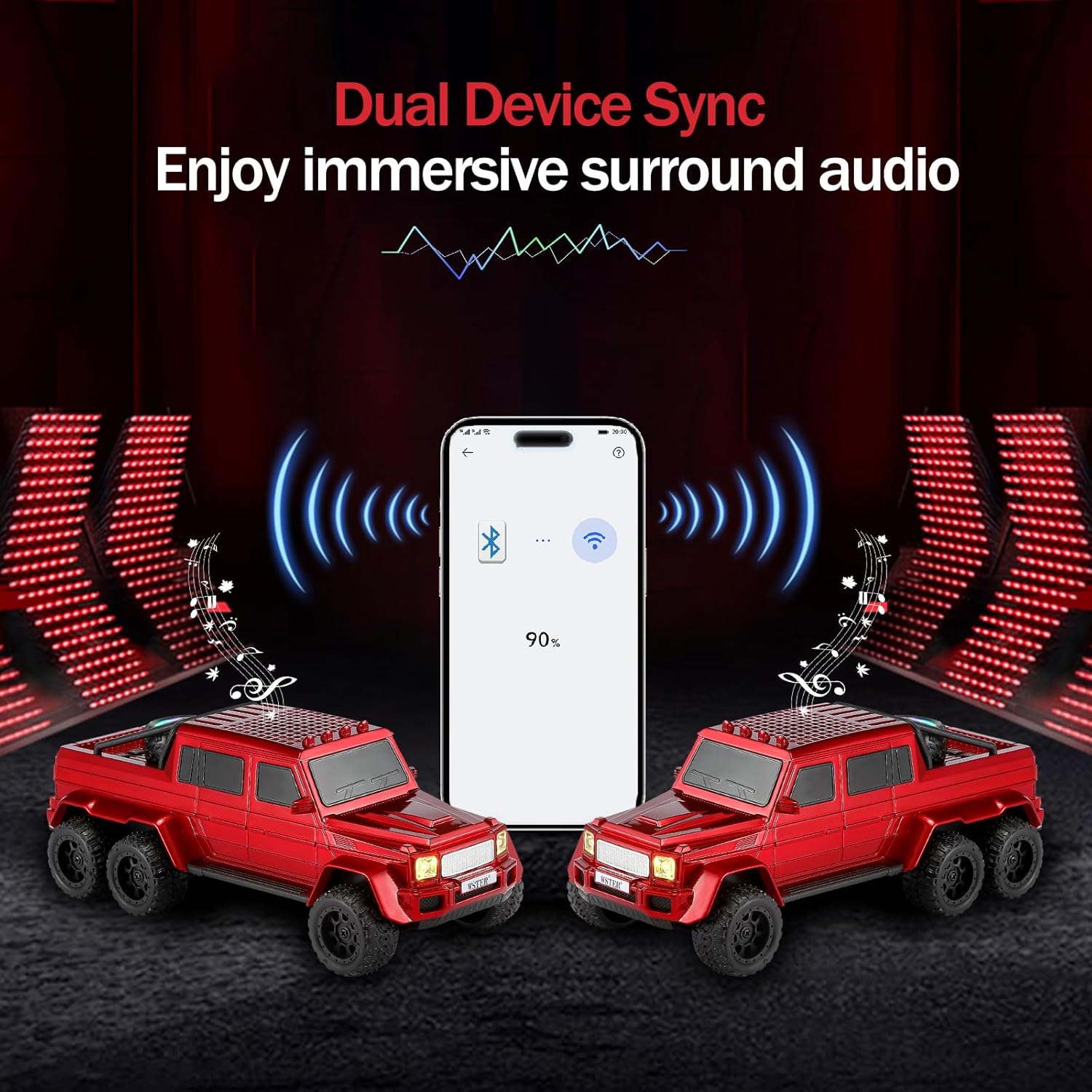 WSTER Off-Road Truck Bluetooth Speaker with LED Tire Light, Portable Wireless Outdoor Speaker, TWS Stereo, USB/TF Support, Party Bluetooth Speaker with Microphone(Red)