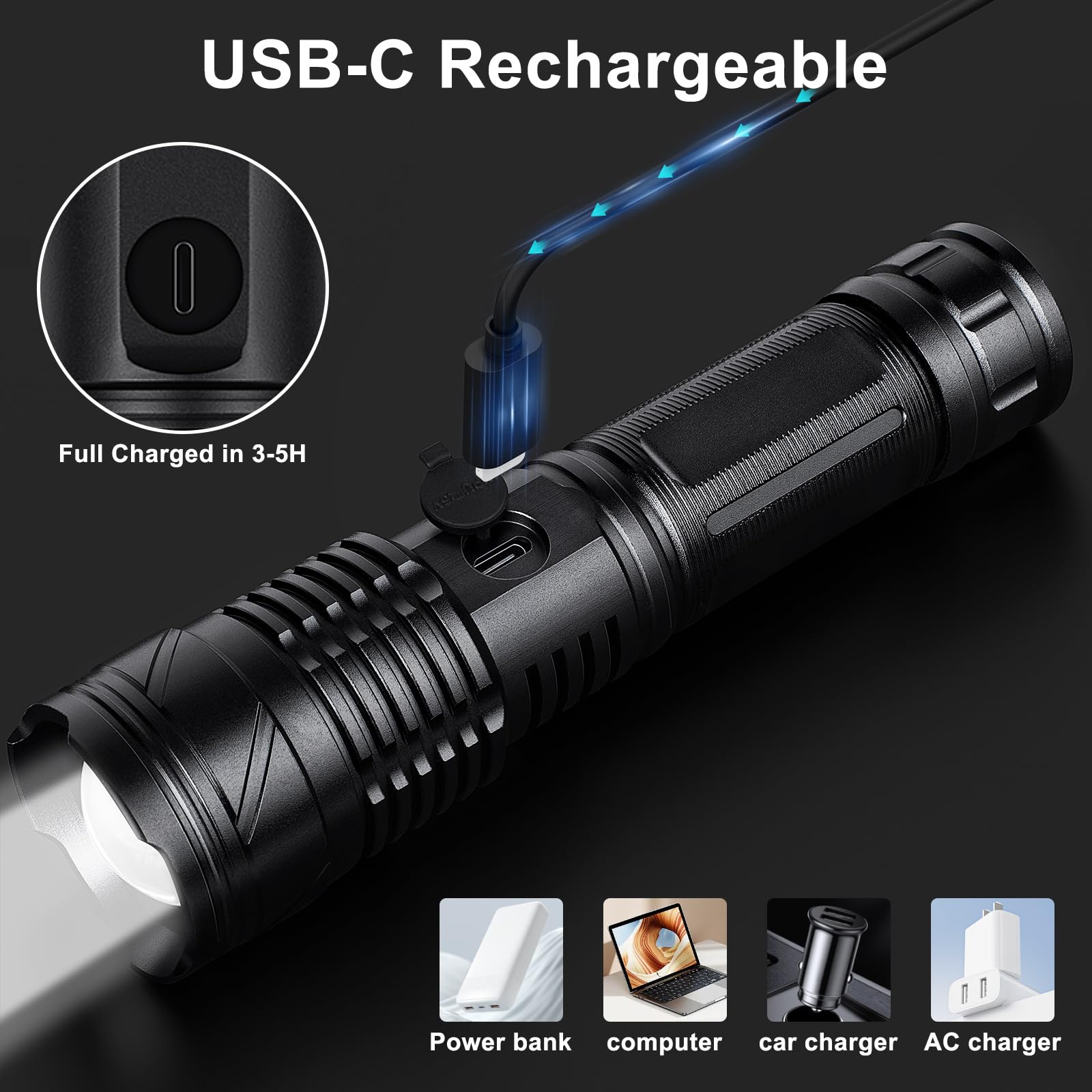 YXQUA Linternas LED Recargables, Linterna Táctica LED S1200 De Alto
