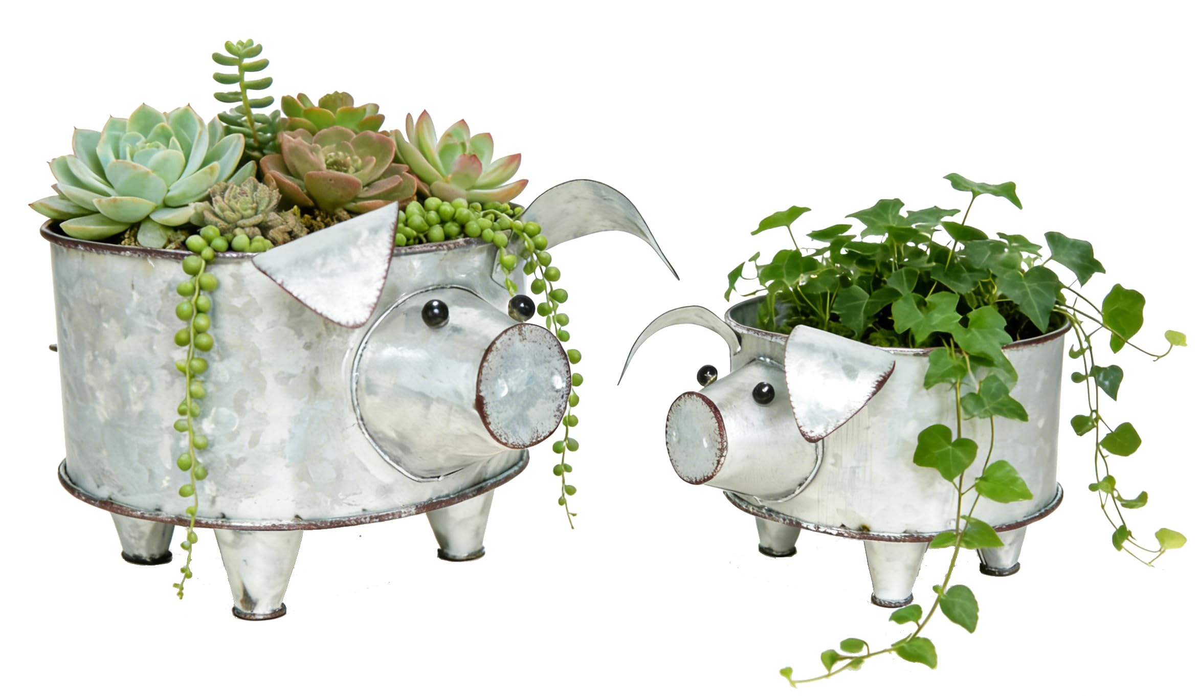 Galvanized Metal Pig Succulent Planter Farmhouse Pig Shaped Bowl Metal Pig Tray Rustic Decor Set of 2