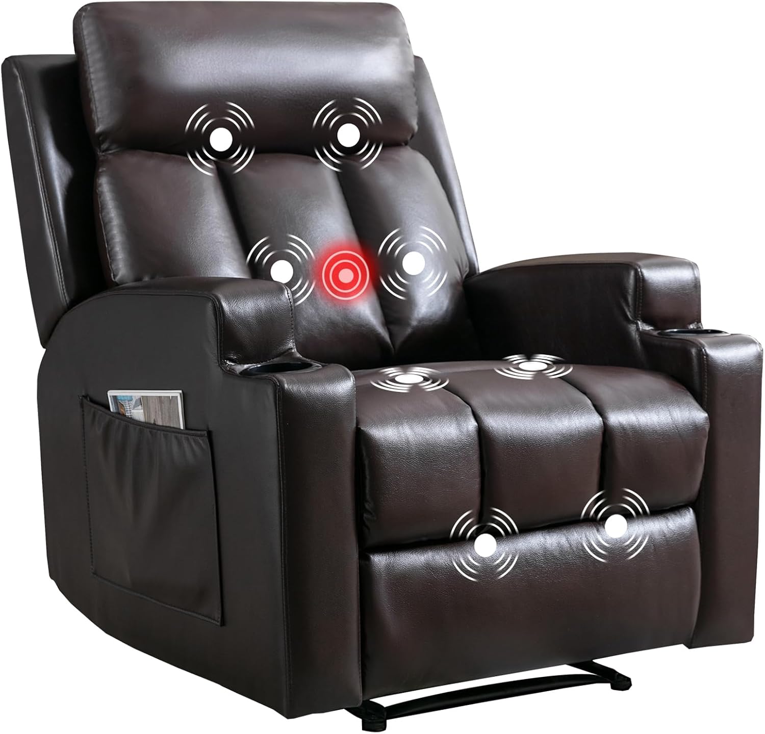 CANMOV Manual Recliner Chair with Massage & Heat - Breathable Leather Single Sofa, Cup Holders, Side Pocket, Dark Brown
