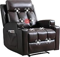 CANMOV Manual Recliner Chair with Massage & Heat - Breathable Leather Single Sofa, Cup Holders, Side Pocket, Dark Brown