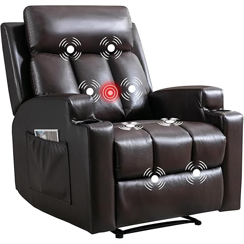 CANMOV Manual Recliner Chair with Massage and Heat,Breathable Leather Recliner Chair with Armrest and Backrest, Manual Reclining Single Sofa with 2 Cup Holders, Side Pocket for Living Room,Dark Brown