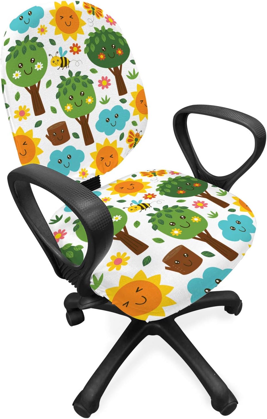 Ambesonne Cartoon Office Chair Slipcover, Illustration of and Smiling Kawaii Nature Bees Trees Flowers Clouds Sun Forest, Protective Stretch Decorative Fabric Cover, Green Yellow