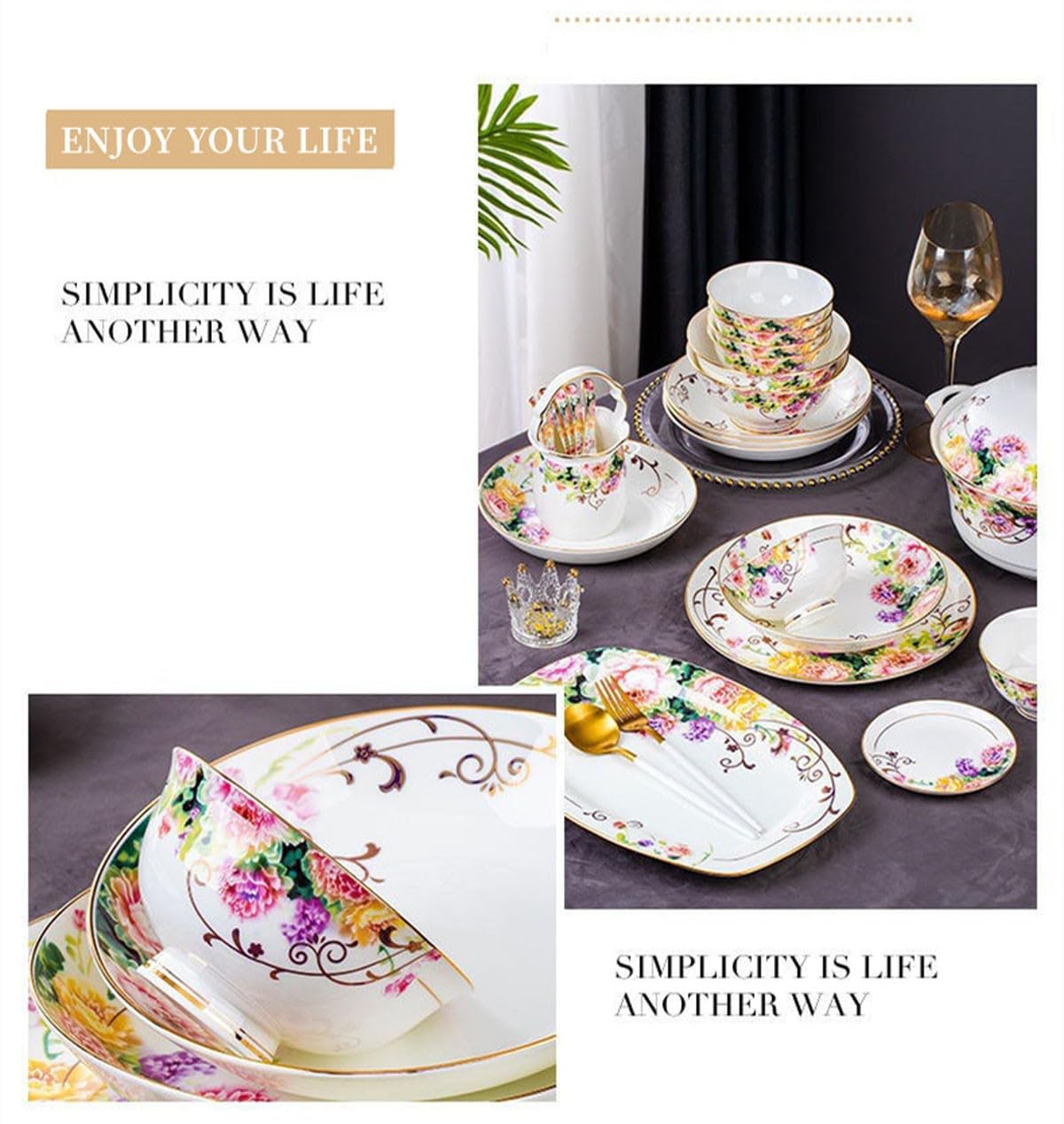 H3TF5J Zestaw stołowy europejskiego w stylu duszpasterskim, 60 sztuk kostki stołowej w Chinach, wytrzymałą porcelanę, wielofunkcyjna zastawa stołowa gospodarstwa domowego, prezent na parkiecie domowym