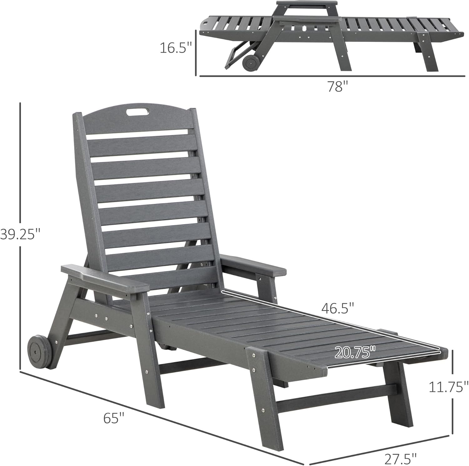 Outsunny Outdoor Chaise Lounge Chair, Waterproof Pool Furniture with Reclining Adjustable Backrest & Wheels for Beach, Tanning, Poolside, Patio, Light Gray