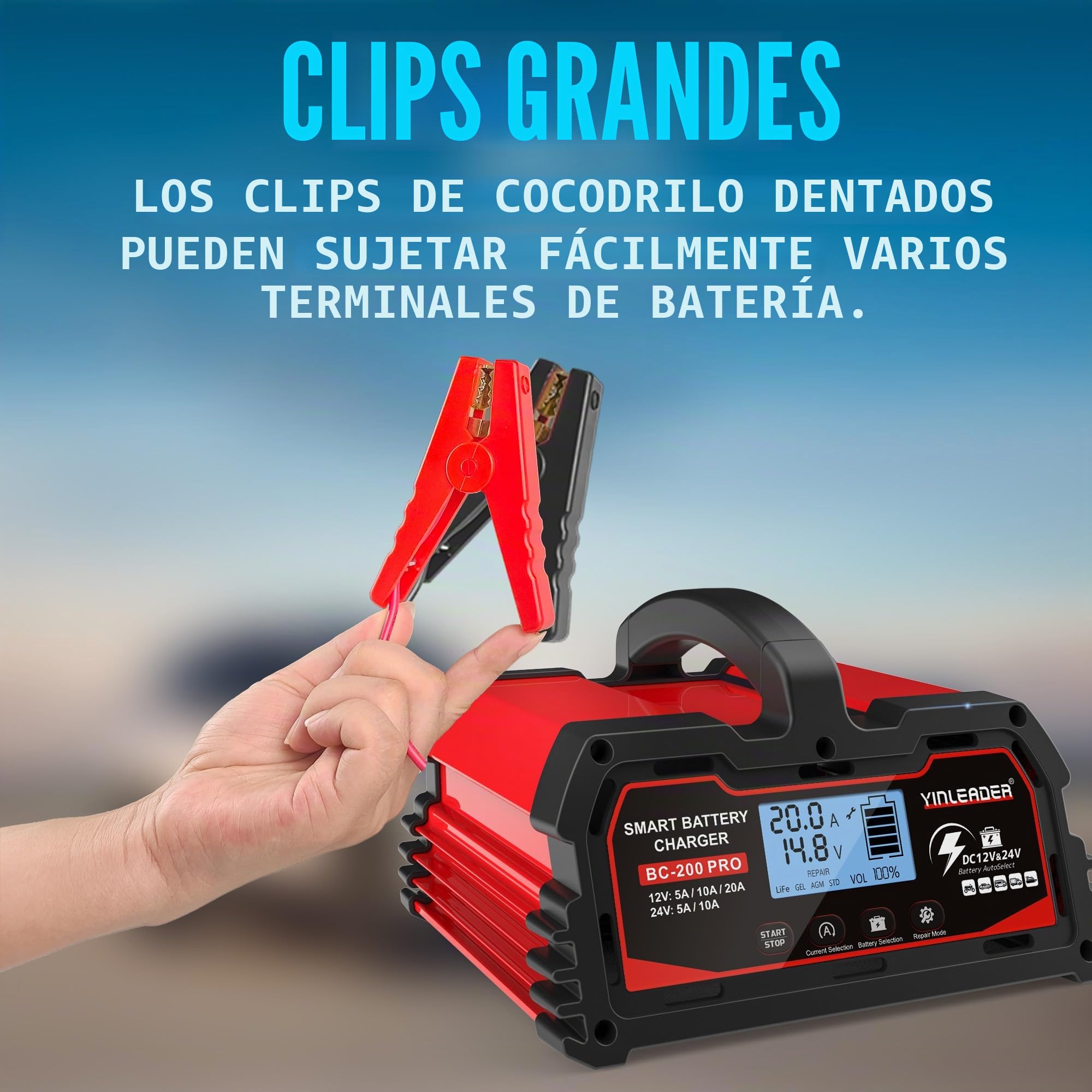 Yinleader Cargador de batería para automóvil 20A 12V/24V 10A batería para automóvil Cargador Inteligente con Pantalla LCD, para de 12V LiFePO4