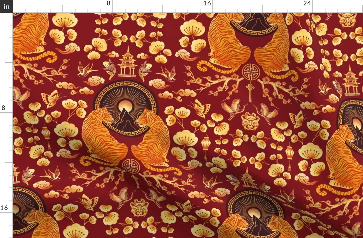 Spoonflower Fabric - Tiger 2022 Lunar Chinese New Year Oriental Red Printed on Organic Cotton Sateen Fabric by The Yard - Sewing Quilting Apparel Home Decor