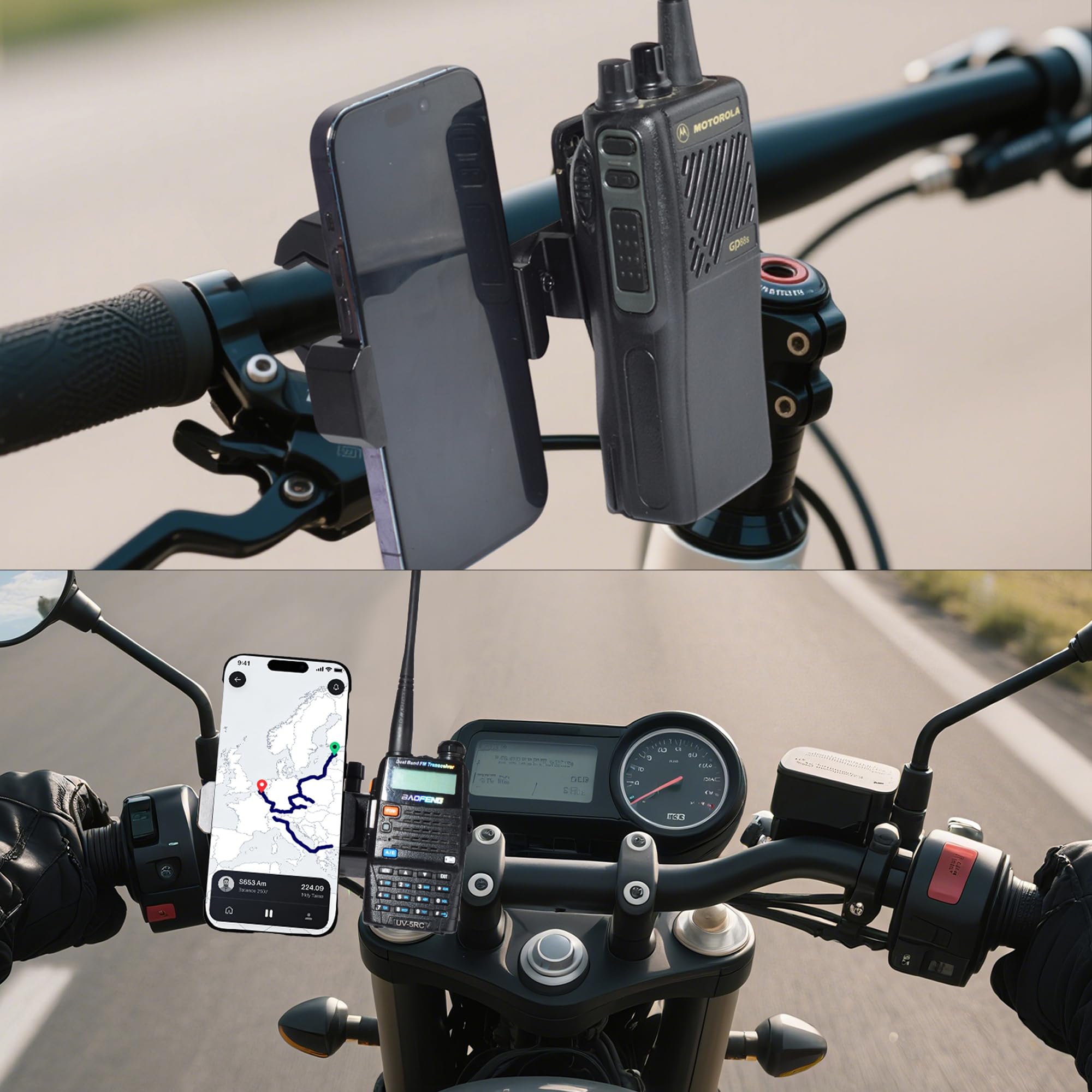 UAYESOK Soporte 2 en 1 para teléfono móvil y walkie talkies para bicicleta, compatible con todos los teléfonos móviles, walkie-talkies y radios aficionados Motorola, Midland y Baofeng