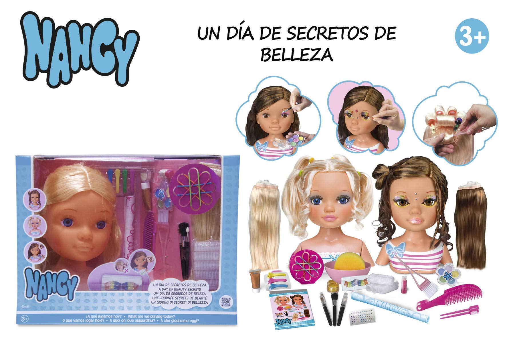 Nancy Un día de Secretos de Belleza Rubia, Busto de muñeca con el Pelo Largo para peinar y maquillar, con Accesorios de Belleza como peines, Brochas, Pestañas postizas o Pegatinas, Colores Surtidos