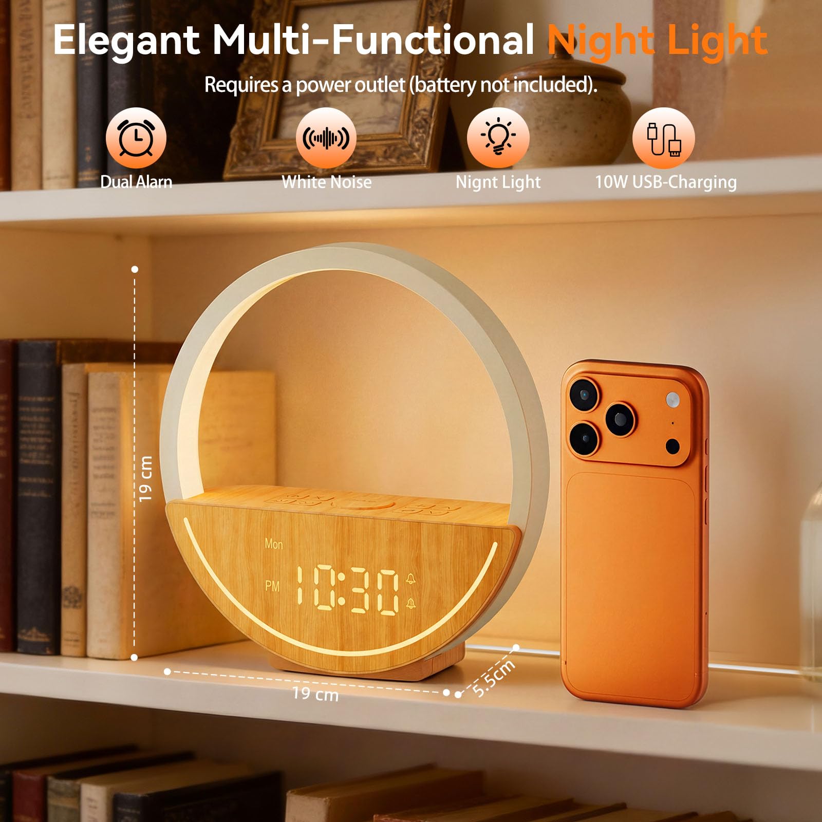 RETEYUNG Nachttischlampe mit Tageslichtwecker, Touch-Control, USB-Ladefunktion, 15 Wecktöne, 20 Naturklänge, 2 Wecker