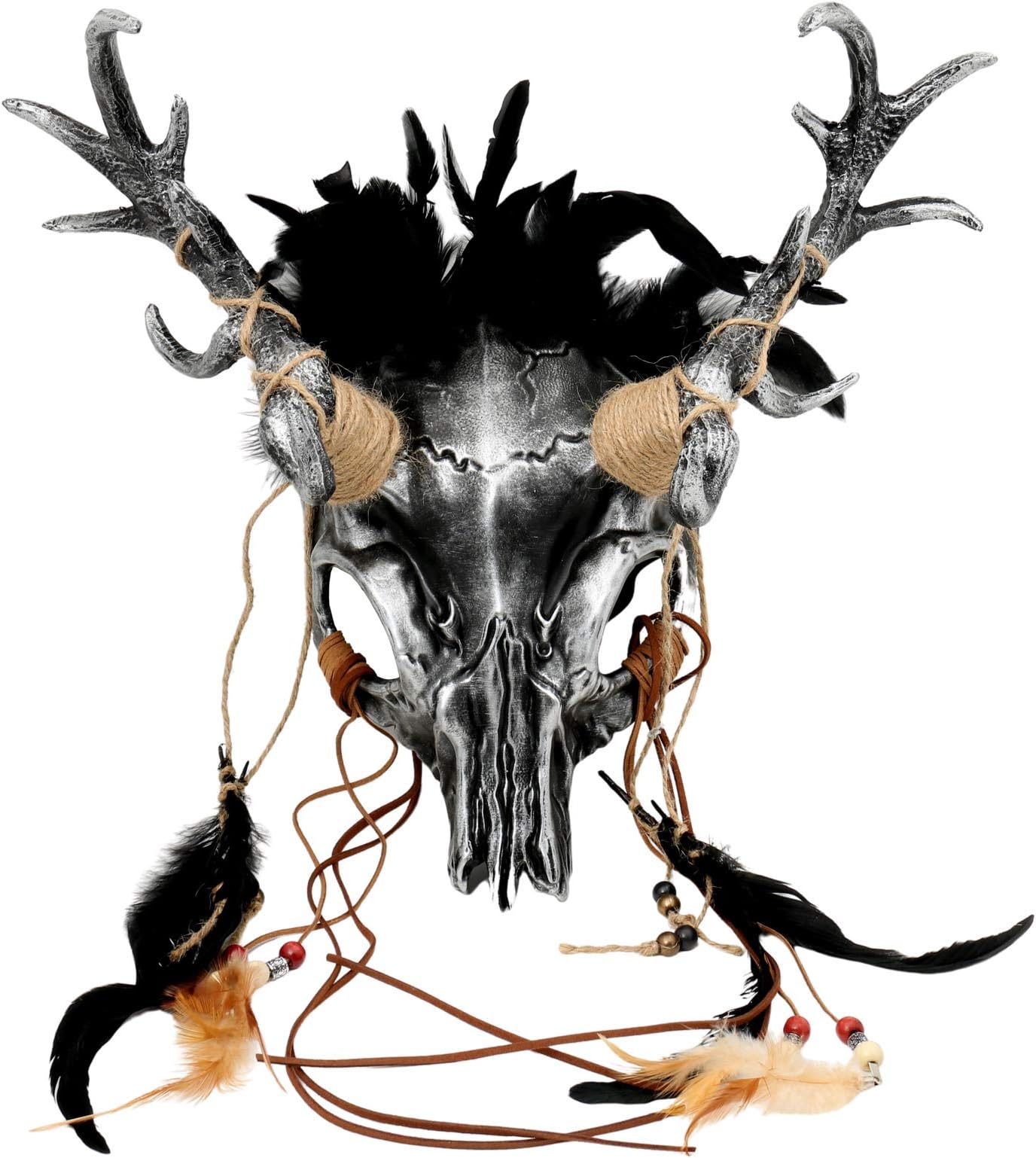 ILOVEMASKS Black Silver Horror Scary Antler Deer Horns Wendigo Headdress Masquerade Costume Party Halloween Mask, Pagan Animal Skull Mask Antelope Skeleton Horn Feather Adult Halloween Party Prom Mask