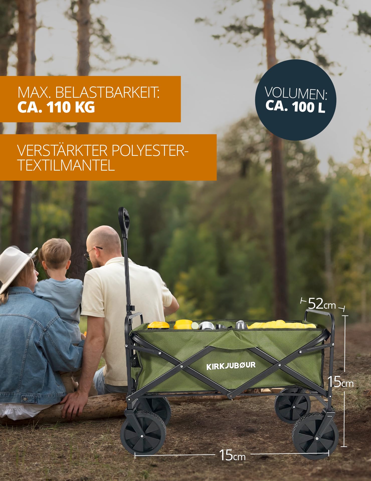 Kirkjubøur Carro plegable Edda, 90 x 52 x 55 cm, carro de mano para un transporte cómodo con 100 litros de volumen, soporta hasta 110 kg y ruedas delanteras giratorias 360° (azul marino)