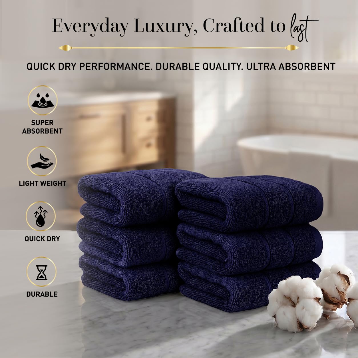 MYTRIDENT Asciugamani: set di 6 asciugamani di alta qualità, ad asciugatura rapida, asciugamani reversibili, ultra assorbenti, morbidi e soffici, 100% cotone sul passante, 50 x 80 cm (blu navy)