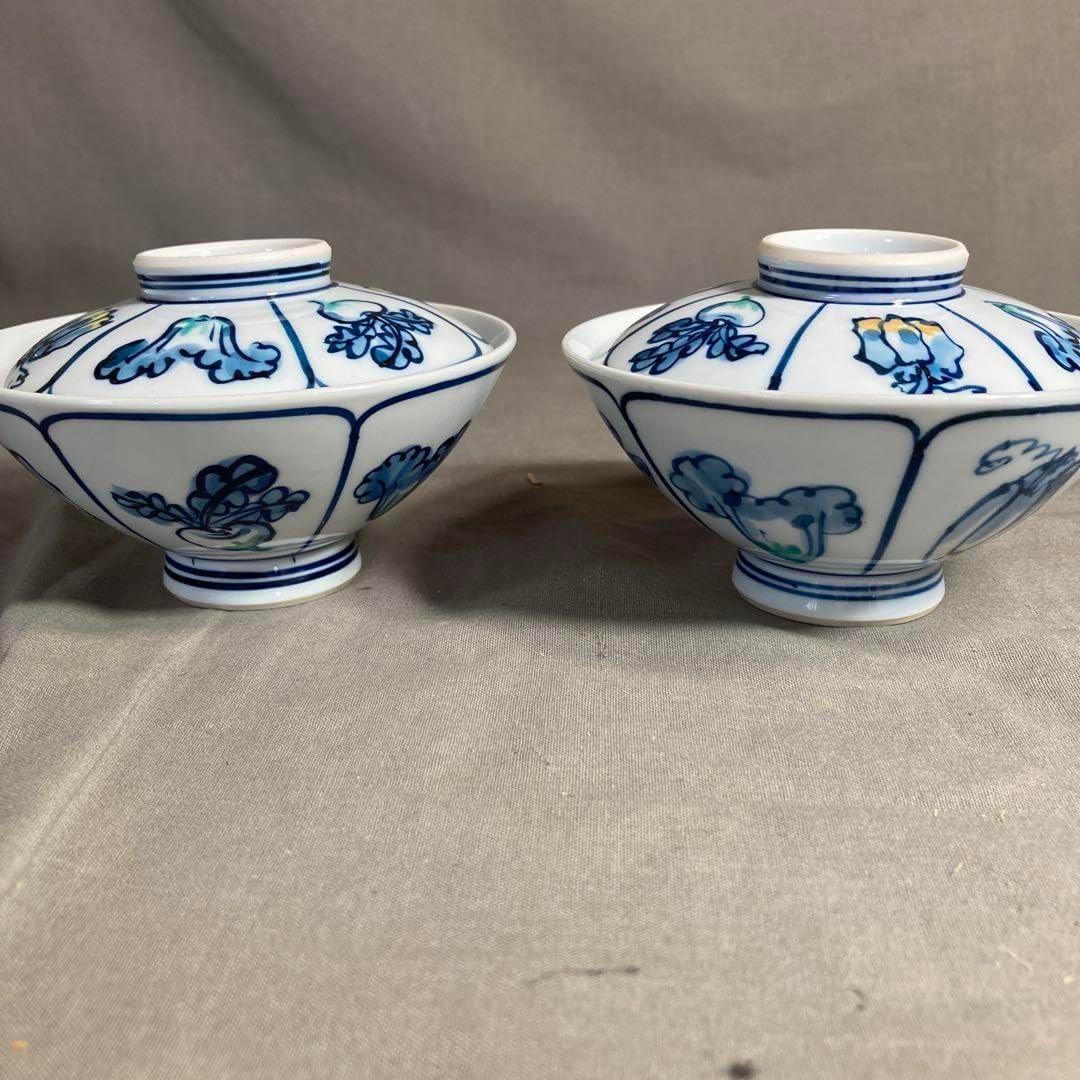 期間特別古伊万里の伝統 舘林源右衛門作 染錦間取野菜絵 蓋付飯碗二客