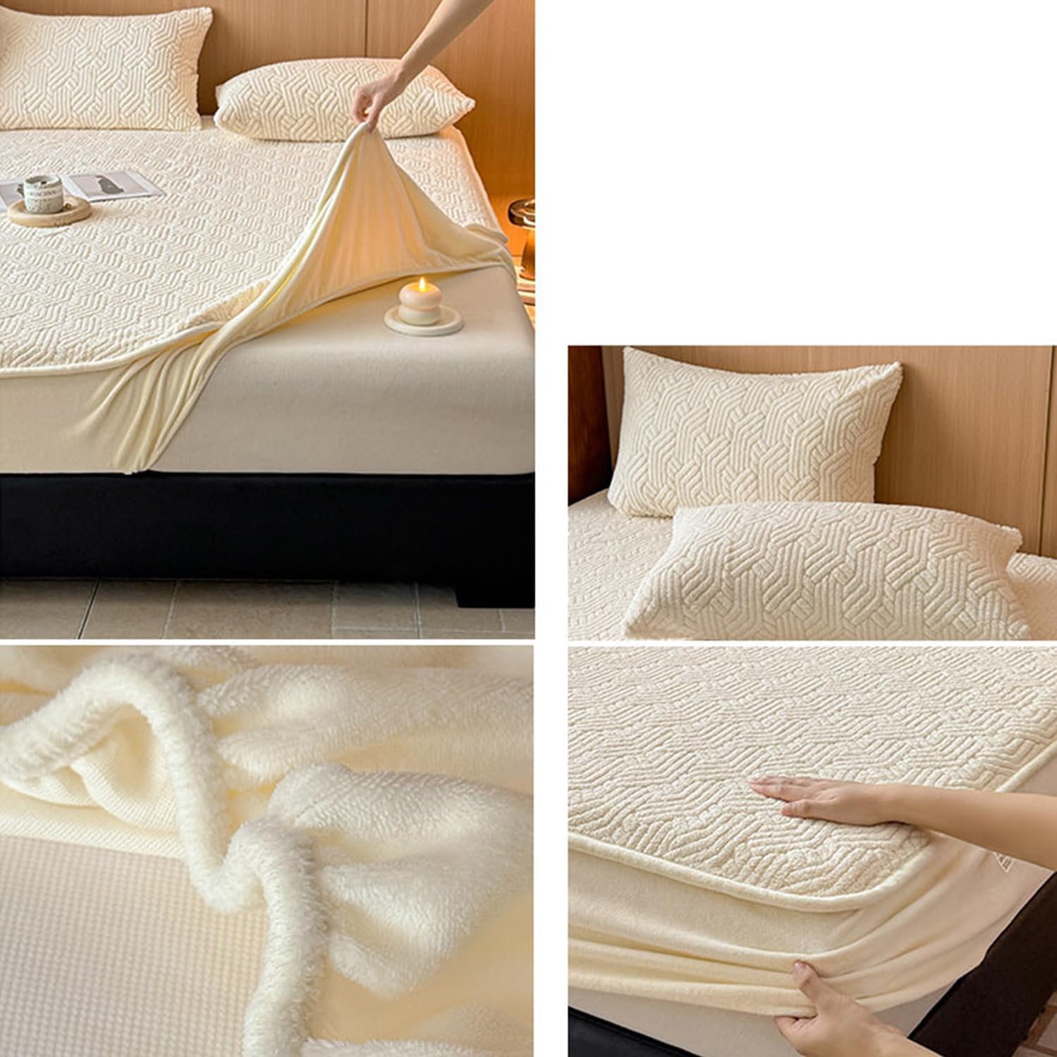 Beige,150 * 200cmQUEEN,LDLCYCN Waterproof Mattress Protector Queen King Size Velvet Fabric Warm Fitted Sheet Bed Cover with Elastic Band Full Wrap Dustproof Mattress Cover with 11" Deep Pocket
