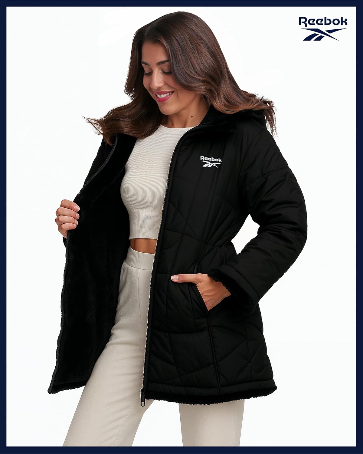 Reebok Womens Winter Jacket - Sherpa Fleece Lined Reversible Insulated Puffer Parka Winter Coats for Women with Faux Fur Hood - Image 2