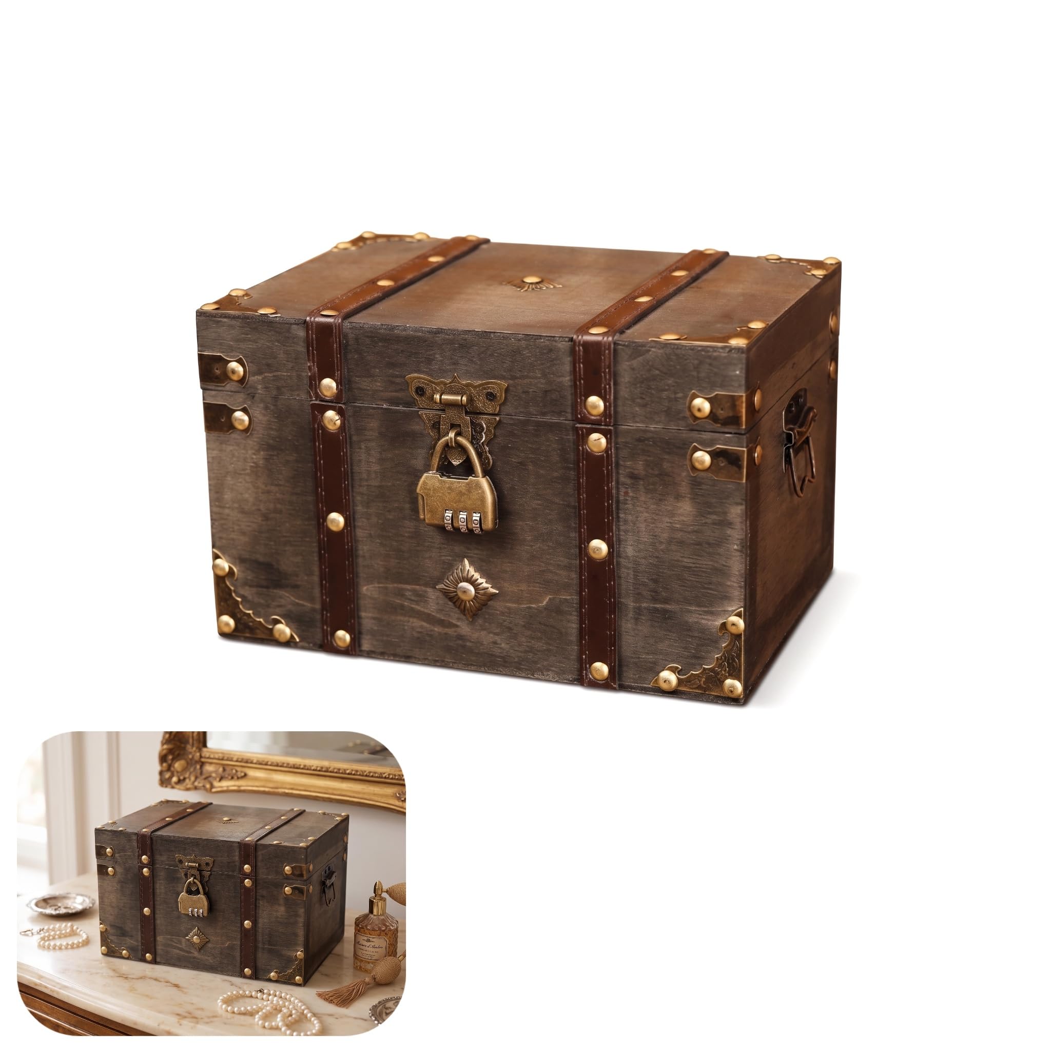 Vintage Wooden Treasure Chest, Large Pirate Treasure Chest with Lock