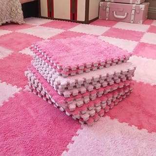 Typutomi 12pcs Plush Puzzle Foam Floor Mats - Soft Thick Fluffy Interlocking Tiles for Bedroom Playroom Rose Red Pink 11.8x11.8in