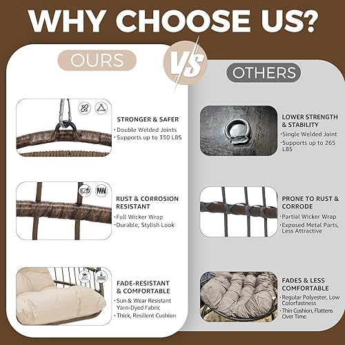 Miniatura 44 de NICESOUL Silla colgante con soporte para interiores y exteriores, cómodas sillas hamaca de ratán para patio con cojín, capacidad de 350 libras
