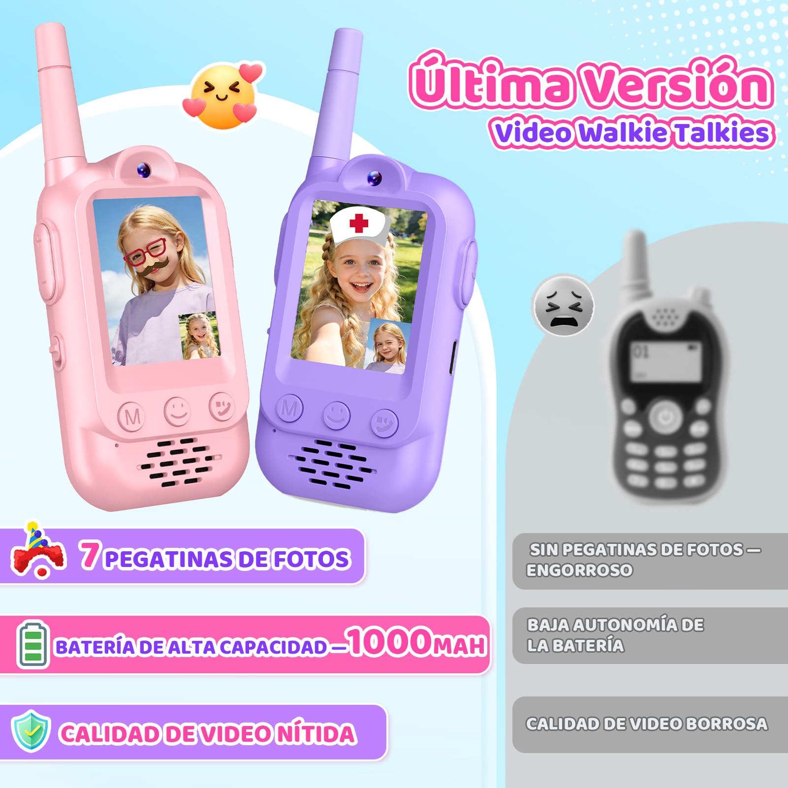iKidiki Walkie Talkie Niños Recargable, Regalo Niñas 3 4 5 6 7 8 Años Walkie-Talkie con Vídeo para Niños Juguetes Niñas 3-8 Años Regalos Cumpleaños Juguetes para Niñas