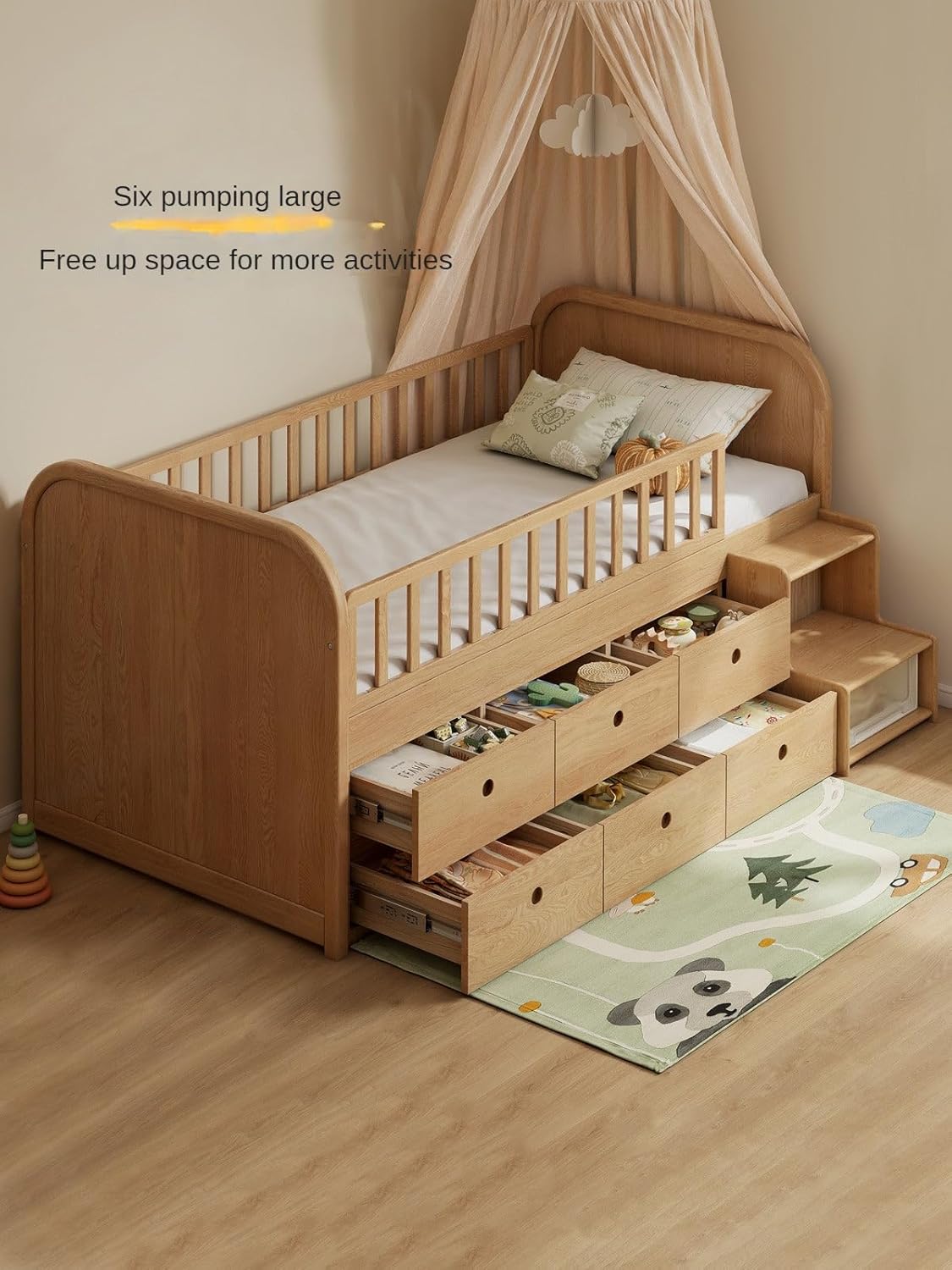 GVAwood Oak Solid Wood Multi-Function Wide Storage Box Bed< (120x200cm) (47.2x78.7 inch)_ / Natural Wood Color Half-Height Storage Bed Without Small Step Ladder