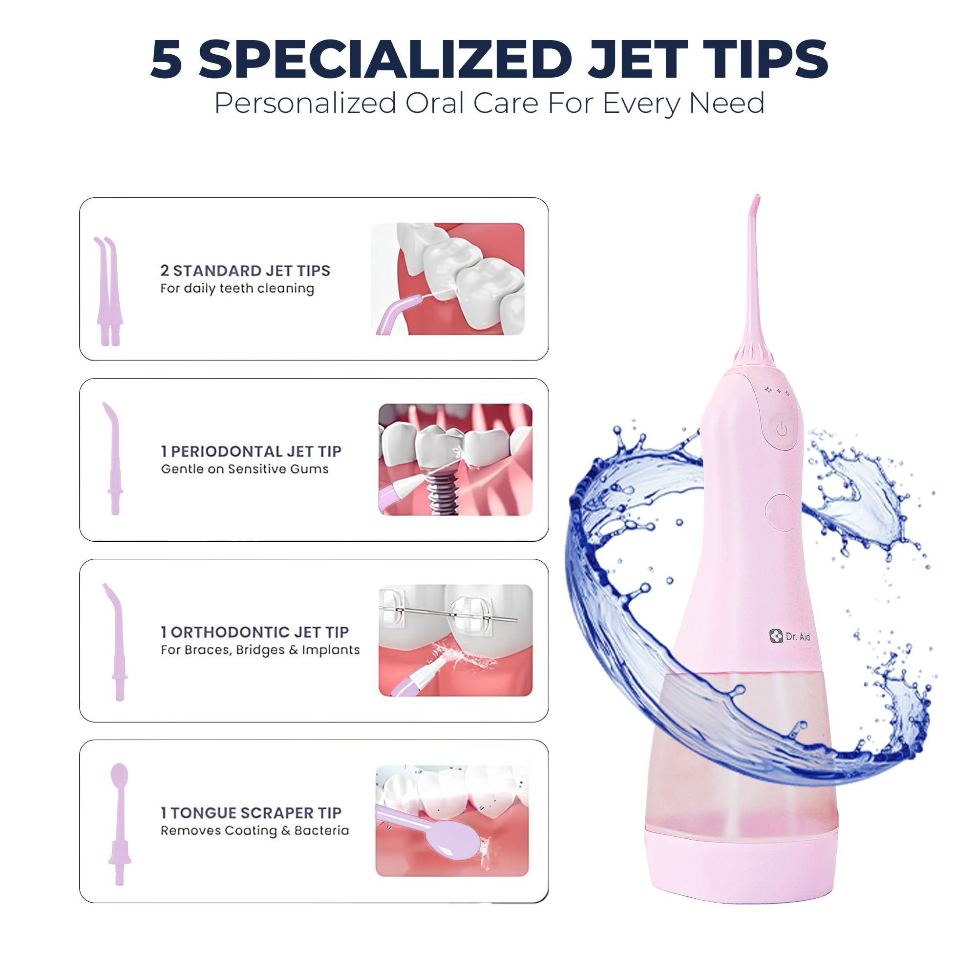 Dr. Aid Irrigador bucal dental – Irrigador oral portátil – Tanque de 11 onzas, filtro de agua, 5 puntas, cargador magnético – Irrigador bucal inalámbrico impermeable IPX8, hilo dental ideal para