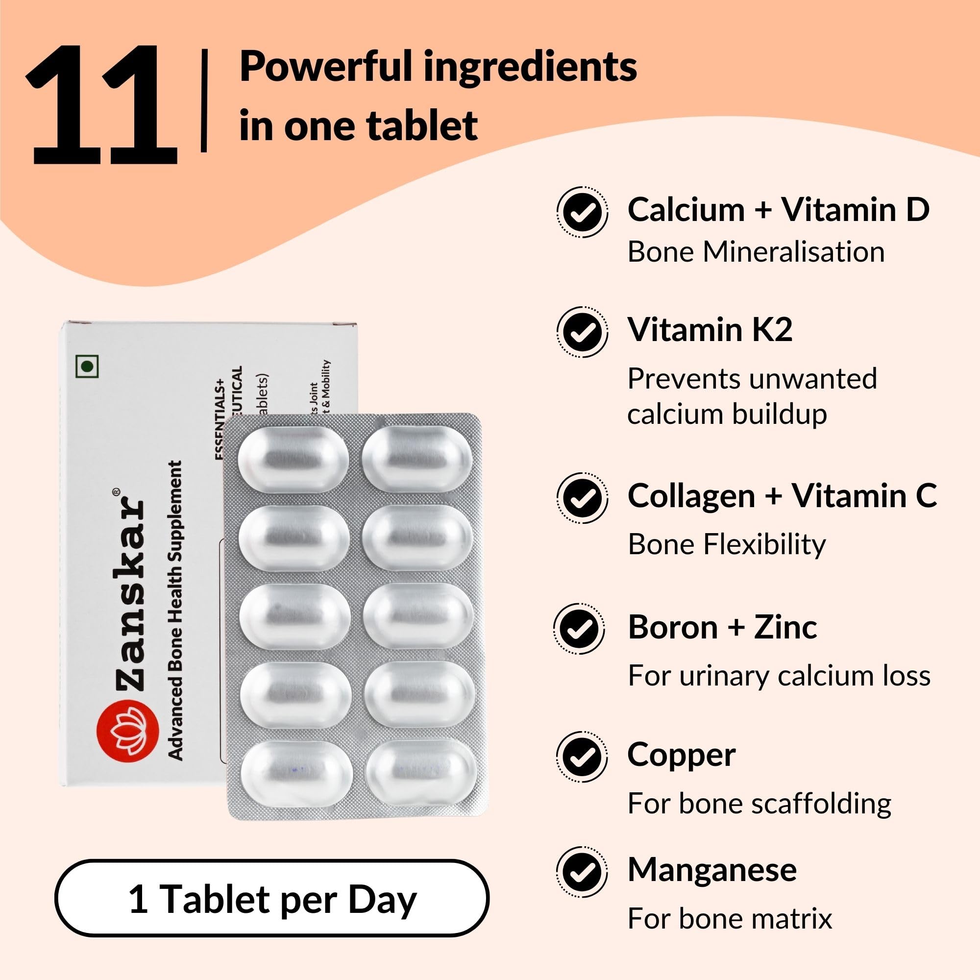 Zanskar Advanced Bone Health Tablet (90 Tablets) | Calcium, Vitamin D3, Vitamin K2, Collagen, Magnesium & Zinc (1200mg) | 100% Veg | Bone Health and Joint Support — Amazon image 3