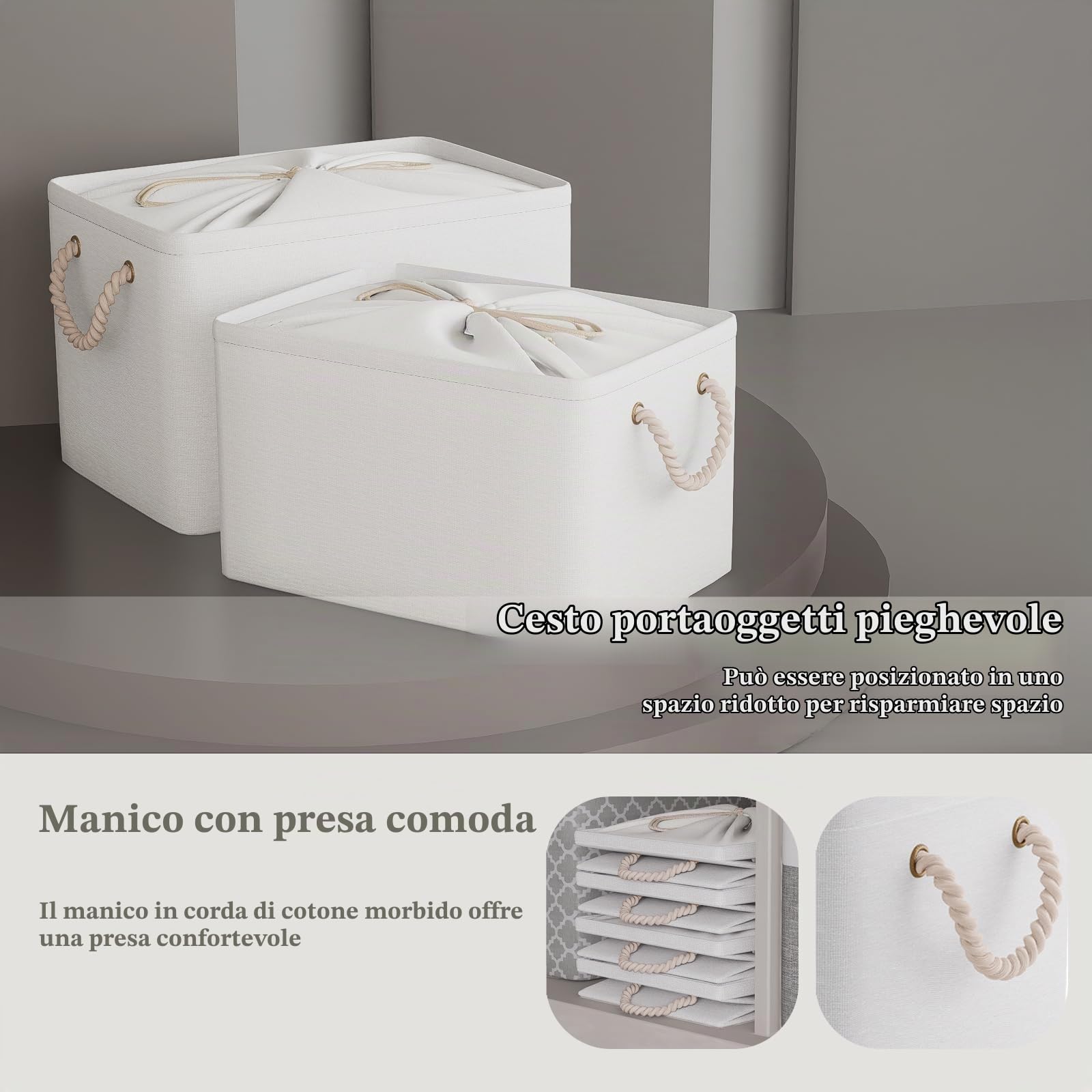 OUTBROS Cestini Portaoggetti Pieghevole Confezione da 3, 38 x 28 x 26 cm Scatola con Coulisse e Manici, Cesti Contenitori in Tessuto, Bianco Puro