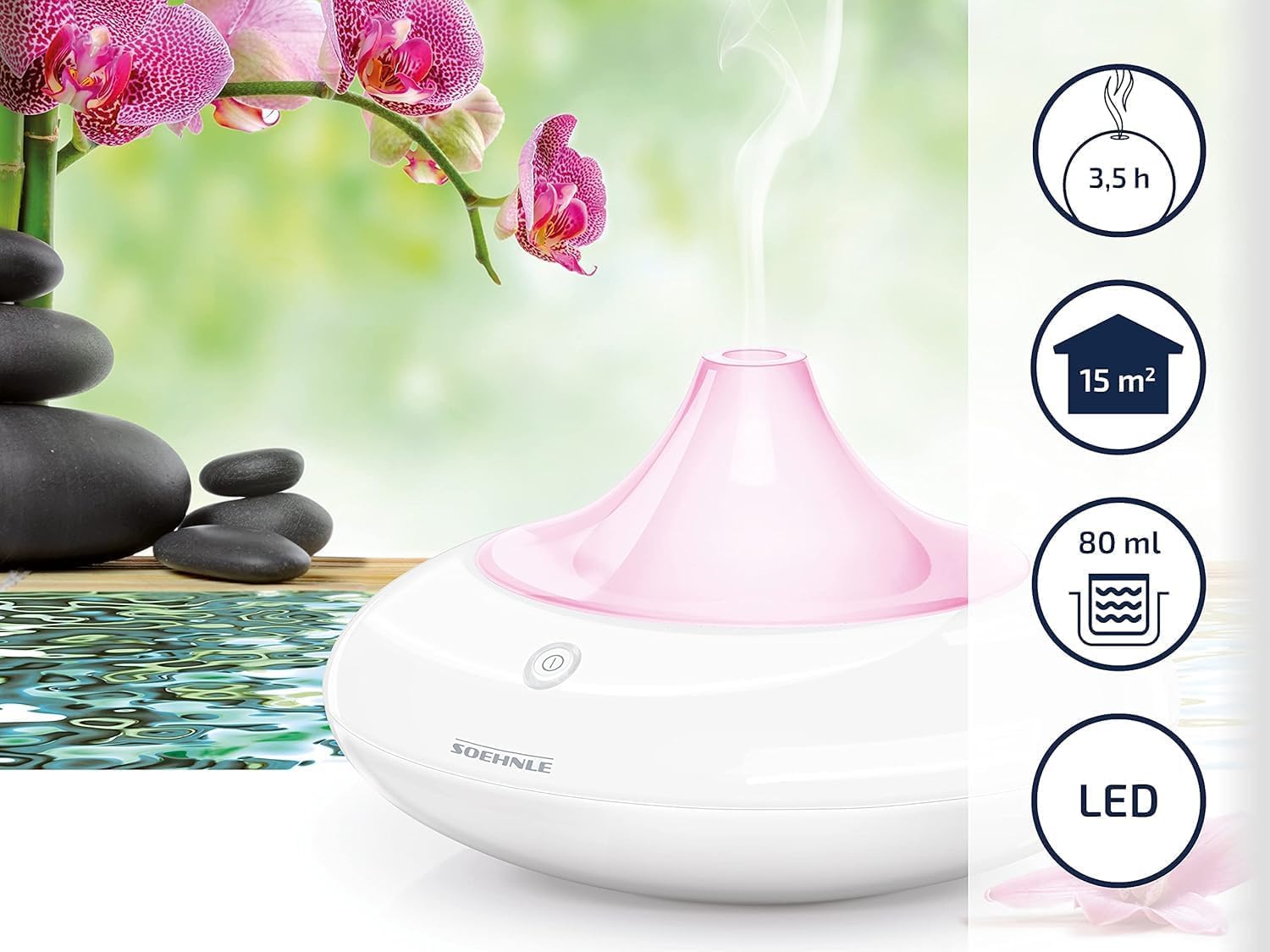 Soehnle Aroma Diffuser Ravenna, Diffuseur de parfum avec technique de nébulisation par ultrasons, Nébuliseur à éclairage alternant à LED avec réservoir de 80 ml, diffuseur d’huiles parfumées
