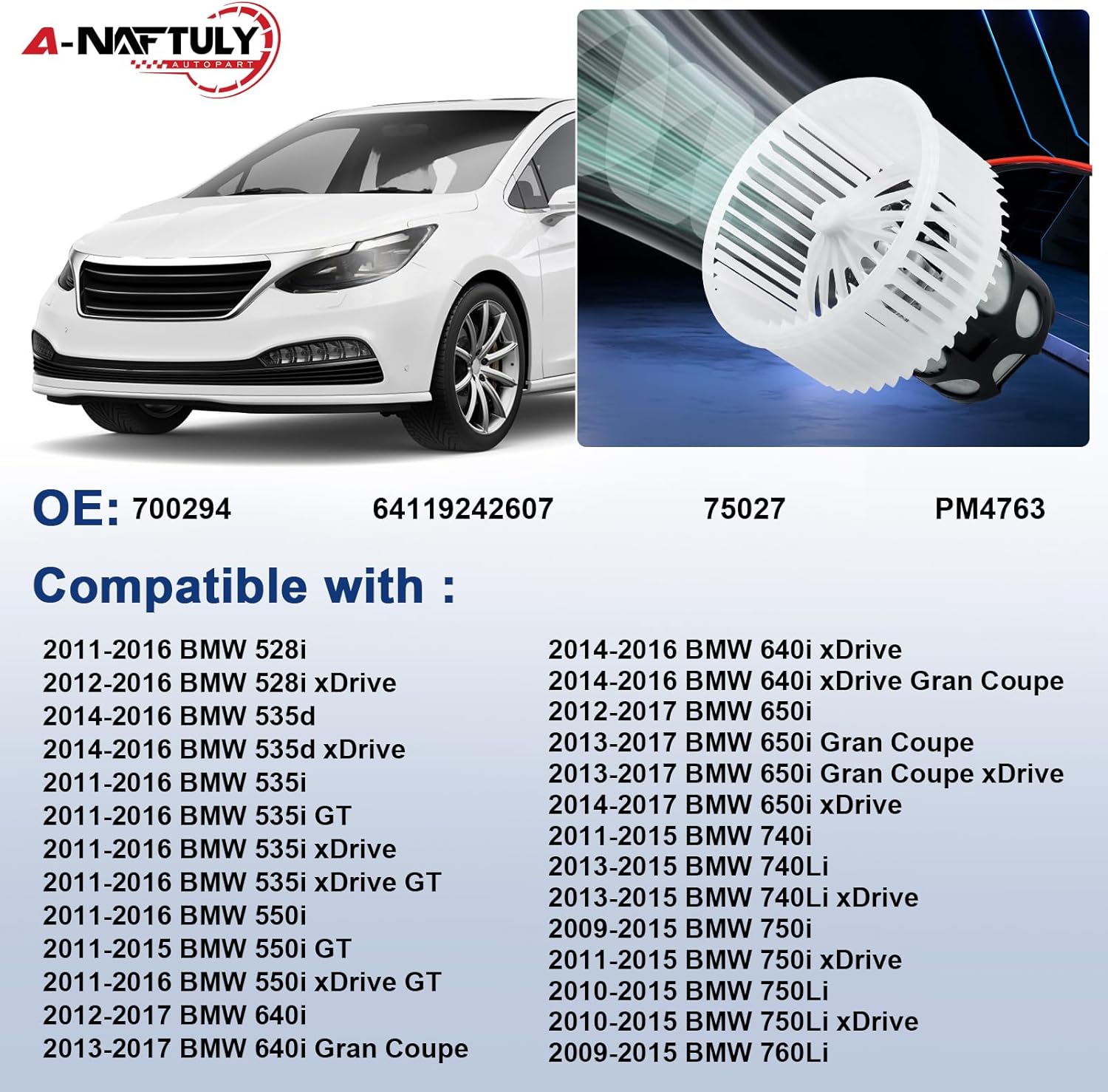 AC Blower Motor Fan Fits for BMW 5/7 Series 528i 535i 550i 640i 650i 740i 750i 740Li 750Li xDrive 2011 2012 2013 2014 2015 2016, HVAC Heater Blower Motor Replaces 700294