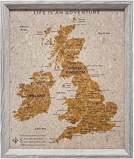 Splosh Travel Map, Desk UK Map Pin Board in Grey, Wooden Frame. Travel Pin Board with 100 Pins in 2 Colours to Personalise and Mark Your Past and Future Adventures, Push Pin UK Map.
