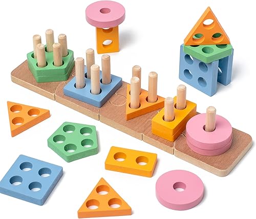 Montessori - Juguetes de clasificación y apilamiento de bloques de madera para niños de 1, 2, 3 años, clasificador de formas y apilador de colores,