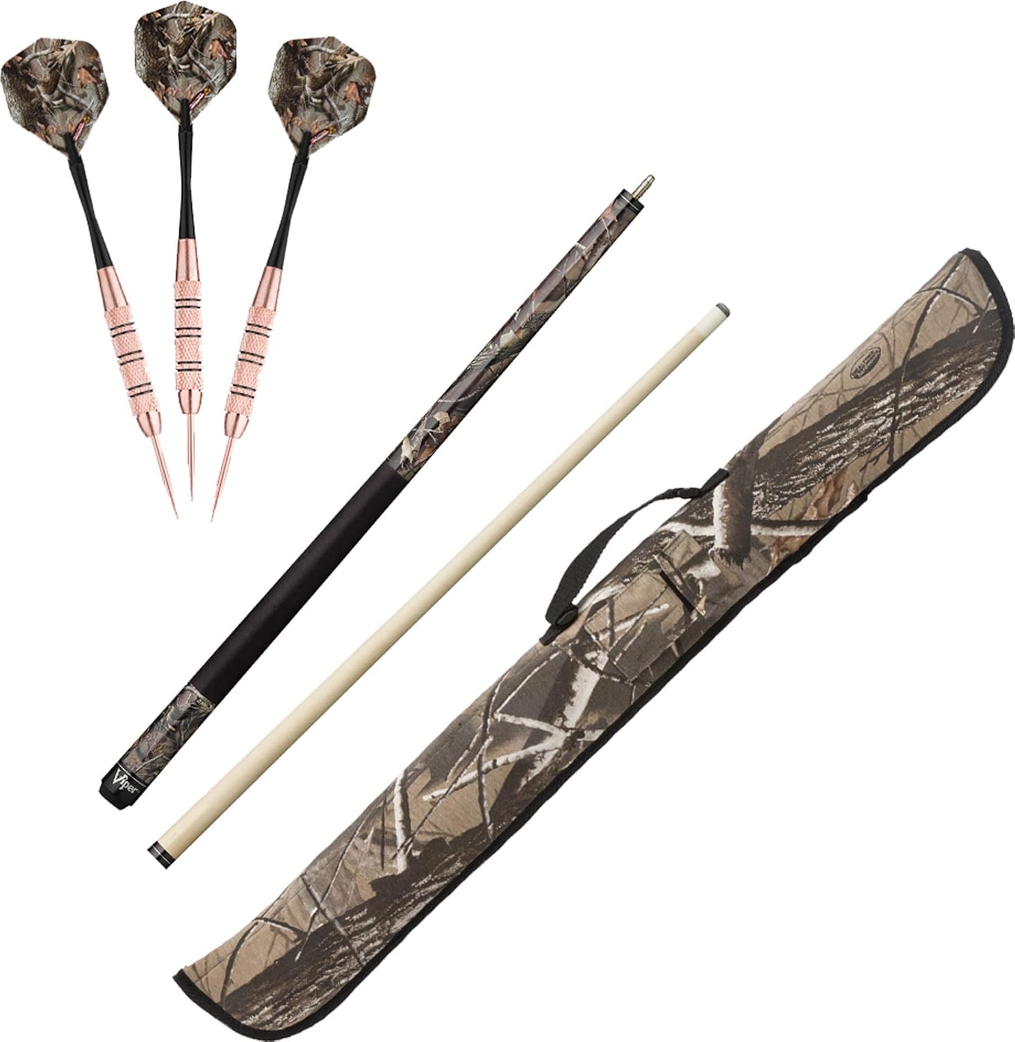 Fat Cat Realtree Hardwoods HD Steel Tip Darts 23gm, Viper Realtree Hardwoods HD Junior Cue, and Viper Realtree Hardwoods HD Soft Cue Case