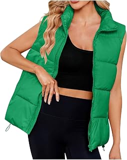 Chaleco acolchado para mujer, con cremallera, color liso, casual, cuello alto, sin mangas, acolchado, cálido, ligero, chaleco térmico de invierno