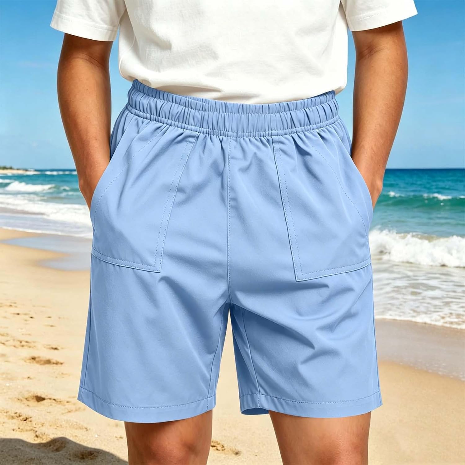 Boys Cargo Stretch Shorts Casual Elastic Waist Shorts Solid Straight Leg Short Pant with Pocket for Outdoor Hiking